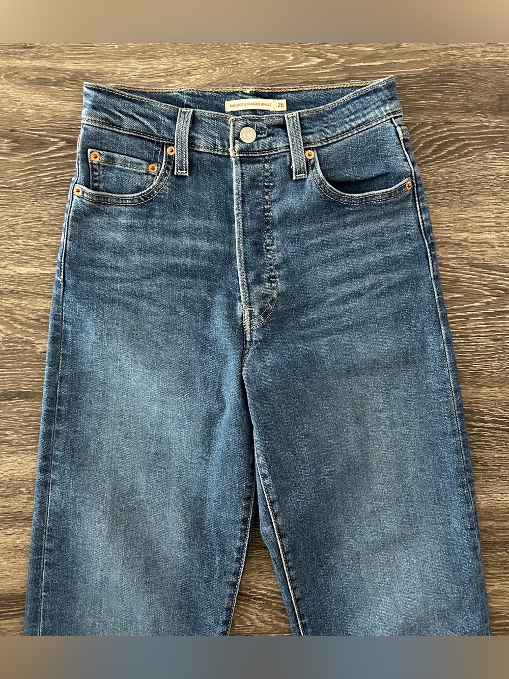 Levis Jeans 26 Ribcage Straight Ankle High Rise Button Fly Blue Denim Stretch - Picture 2 of 13